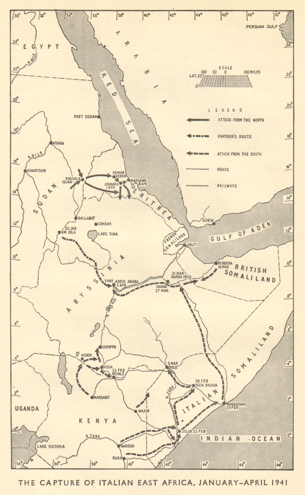 Capture of Italian East Africa January-April 1941. World War 2 Ethiopia 1953 map